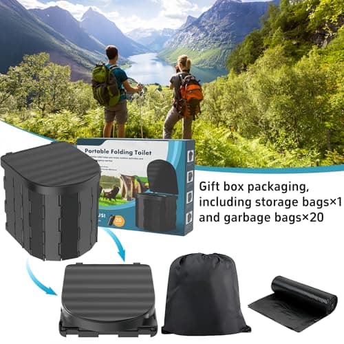 Collapsible Portable Toilet for Adults - Extra Tall Camping and Travel Toilet with Lid and Carry Bag for Car Emergencies (20 Cleaning Bags) — view 3
