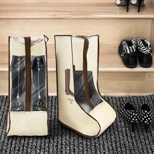 Mritrit Boots Storage, Portable Boots Storage Bag with Handle and Zipper, Dust Proof Welly Boot Bag for Tall Boot, Waterproof Shoe Organizer for Home Storage and Travel, Beige — view 4