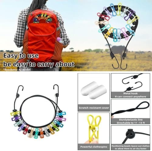 Portable Clothesline,Retractable Clothesline for Travel,Clothing line with 12 Clothes Clips,for Indoor Laundry Drying line,Outdoor Camping Accessories (colorful) — view 4