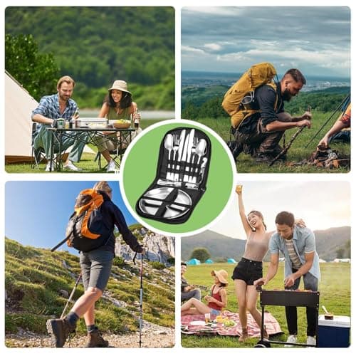 14 Pcs camping plate set,camping plates and bowls set for 2,stainless camping cutlery,Including portable cutlery bag- Ideal for road trips, picnics, and camping adventures,reusable — view 6