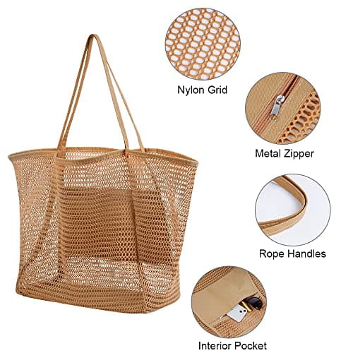 flintronic Mesh Beach Bag, Summer Beach Bag Oversized Ladies Tote Bag Shoulder Bag with Zipper Pockets Mesh Nylon Bag, Perfect for Beach Party Travel Picnic Vacation Shopping - Brown — view 6