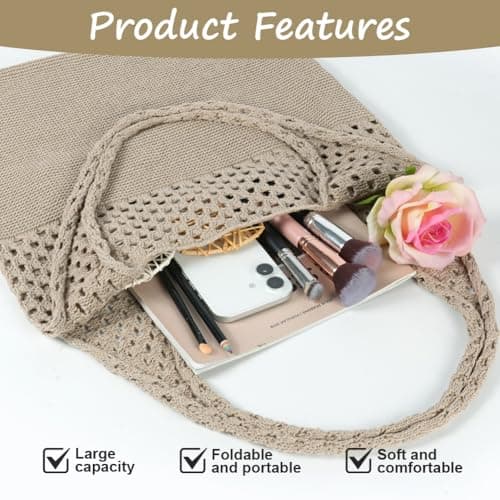 Adiwo Crochet Beach Bag, Knitted Handbags for Women, Retro Hollow Tote Bag, Mesh Beach Bag, Holiday Bags for Women, Bohemian Style for Holiday, Daily Work, Shopping, Travel (Khaki) — view 6