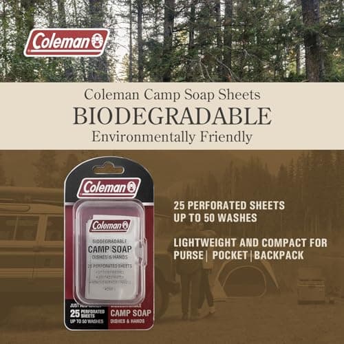 Coleman Camp Soap Sheets – 25 Travel Soap Sheets for Camping, Hiking & Backpacking – Perforated for 50 Washes, Dissolves Instantly in Hot or Cold Water, TSA-Approved for Travel — view 4