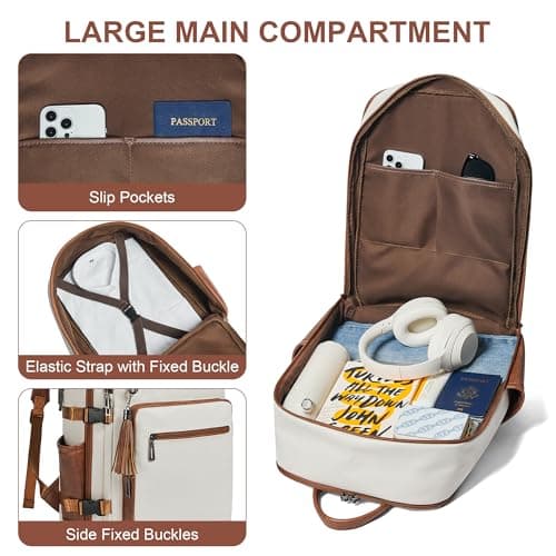 Shrrie Laptop Backpack for Women,Vegan Leather Backpack Work Computer Backpacks fits 16" Laptop,Water Resistant Teacher Nurse Casual Daypack for Weekender Camping Travel,Beige with Brown — view 4