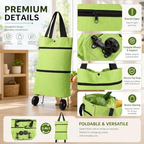 2-in-1 Foldable Shopping Cart with Wheels, Reusable Waterproof Collapsible Grocery Tote Bag, Portable Shopping Trolley for Supermarket, Laundry & Travel — view 3