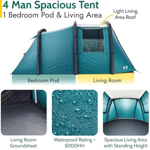 Trail Brazen Inflatable 4 Man Air Tent with Living Area, Family Camping Tunnel Tent, 5000mm Waterproof, Dark Zone Bedroom, Safety Purge Pump and Bag (L455cm x W270cm x H195cm) — view 4