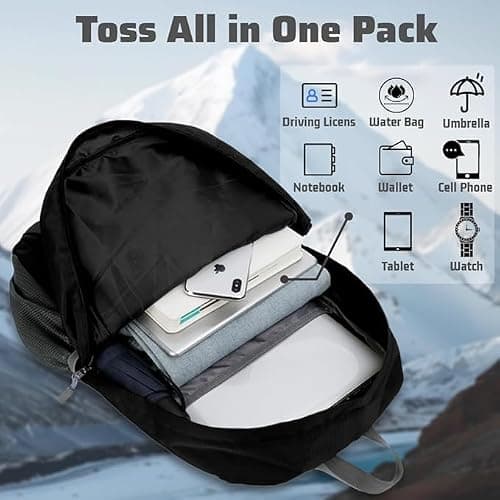 flintronic Lightweight Foldable Backpack, 30L Small Hiking Rucksack, Unisex Water Resistant Walking Backpack for Outdoor Sports, Hiking, Travelling, Walking, Camping (Black) — view 6