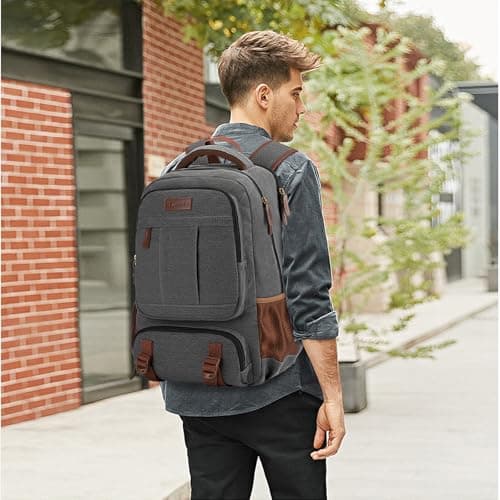 Tzowla Canvas Laptop Backpack Mens Womens,Vintage Travel Work Hiking Backpacks,School College Rucksack Fits 15.6-17.3 Inch Computer,Bookbag with USB Charging Port (Dark Grey, 15.6inch) — view 6