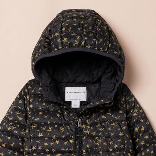 Amazon Essentials Girls' Lightweight Water-Resistant Packable Hooded Puffer Jacket, Black Stars, 2 Years — view 4