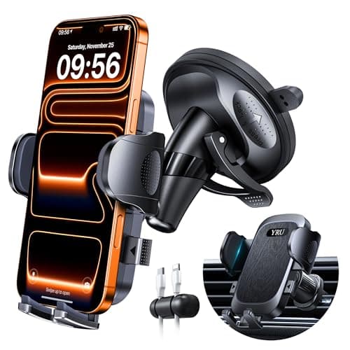 YRU 2026 BEST Car Phone Holder Mount 【Military-Grade Anti-Shake & 360° Rotatable Suction】【90+LBS Safest Strongest & Patent Certs 】 Windscreen Dashboard Vent for iPhone 17 Pro Max 16 15 Samsung, Black