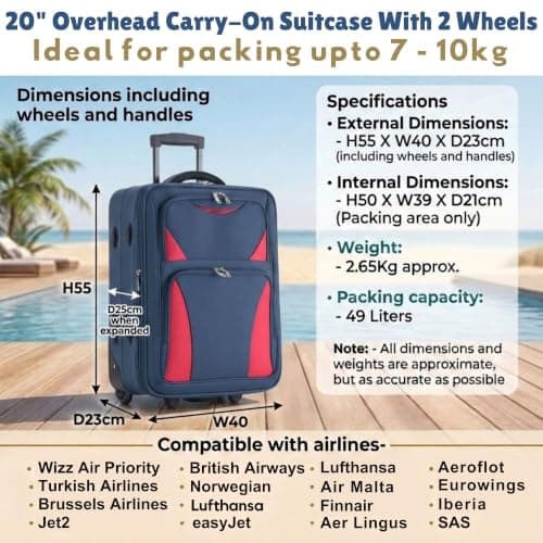 DK Luggage Carry-on 20” Lightweight Expandable Overhead Cabin Wizz air, EasyJet, BA, Jet 2 Hand Luggage Approved Suitcase 2 Wheel Luggage DK16 (Navy, 20" Cabin) — view 2