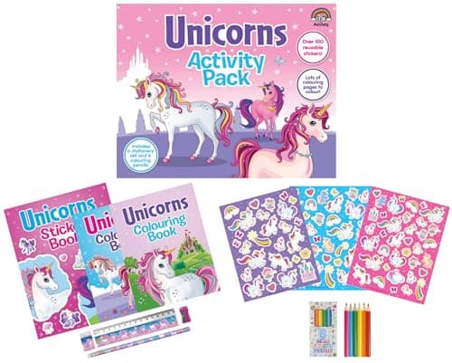 Anila's Unicorn Activity Pack with Colouring Books, Sticker book, Stationery Set, Colouring Pencils & 100 Reusable Stickers.(Perfect for children aged 3-8). (Unicorn)