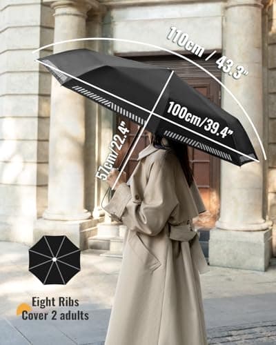 Chakipee Umbrella Windproof Strong Compact Travel Black Pocket Automatic Reflective Safety Strip Folding Outdoor for Rain Inverted Umbrellas for Men and Women 8 Ribs Double Canopy Portable — view 4