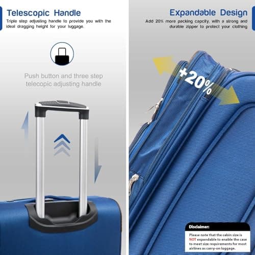 Aerostar Carry-on 20" Lightweight Soft Expandable Suitcase, Hand Luggage 4 Wheels & Combination Lock, 55x35x20cm | Accepted All Airlines easyjet, RyanAir, British Airways (Royal Blue, 32 litres) — view 3
