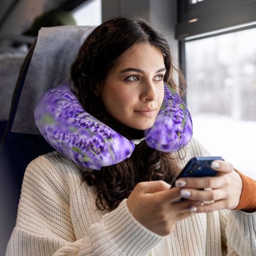 AUGUSTRUSH Memory Foam Neck Pillow - Travel Pillow With Adjustable Clasp, Removable Washable Cover For Airplane Office Car, Ergonomic Support Comfortable U-Shaped Pillow, Purple Lavender Print — view 5