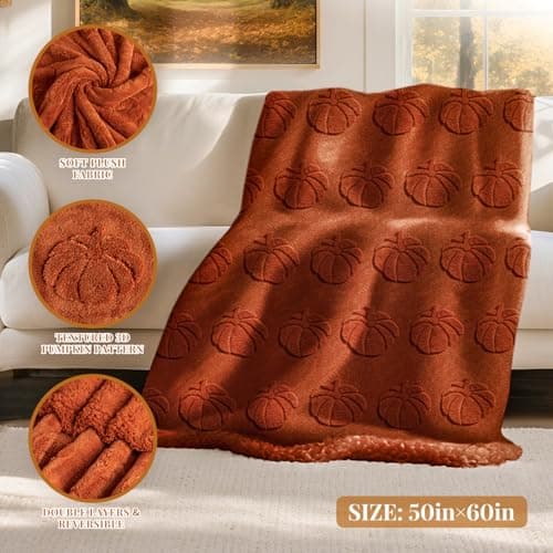 Lanpn Fall Rustic Throw Blanket, 530GSM Sherpa Fleece Throws for Couch Sofa, Soft Fluffy 3D Pumpkin Fur Blankets, Autumn Plush Cozy Blanket Thanksgiving Home Bed Living Room Decor Gift, 130x150 — view 2