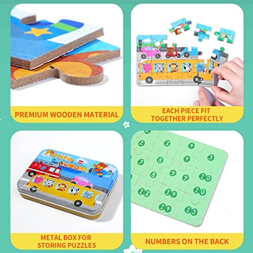 BBLIKE Puzzles Jigsaws for 2 3 4 Year Old - Pack of 4 Puzzles Toy in a Box for Age 2-5, Travel Games for on Plane Educational Learning Birthday Gift Present for Children Boys Girls (Transportation) — view 5