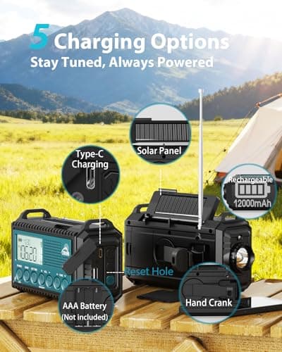 Roxicosly 12000mAh Solar Wind Up Radio with Phone Charger, 5-Ways Powered — view 4