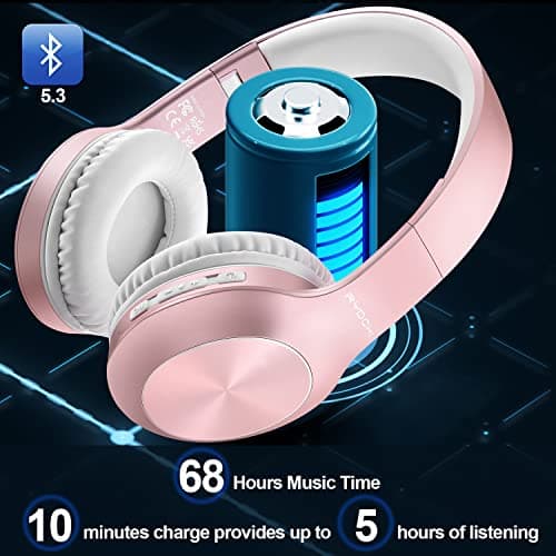 Rydohi Bluetooth Headphones Over Ear, 68H Playtime and 3 EQ Music Modes Wireless Headphones with Microphone/Deep Bass, HiFi Stereo Foldable Lightweight Headset for PC Home Travel Office (ROSE GOLD) — view 2