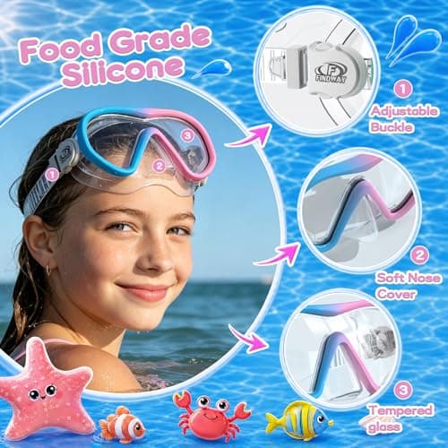 Findway Kids Snorkel Mask, 180° Panoramic Wide View Swimming Goggles, Anti Leak Anti Fog Children Diving Mask with Nose Cover, Swim Goggles for Age 4-16, Two-Tone Frame — view 3