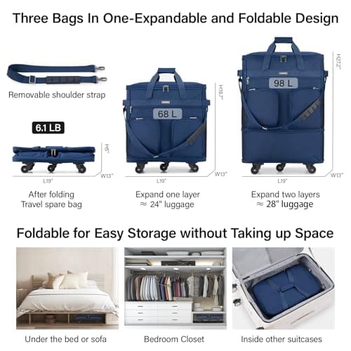 Hanke Expandable Large Suitcase 4 Wheels Lightweight Collapsible,Foldable Suitcases &Travel Bags Hand Luggage Extend 20/24/28 inch Suitcases Duffel Bag Without Telescopic Handle for Men & Women, Blue — view 2