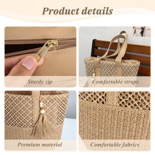 Aucuu Straw Beach Tote Bag Women, Straw Woven Beach Shoulder Bags, Handwoven Straw Handbag with Zipper, Straw Handbags for Women, Summer Beach Bag Tote Bag for Holiday Travel Pool Daily — view 5