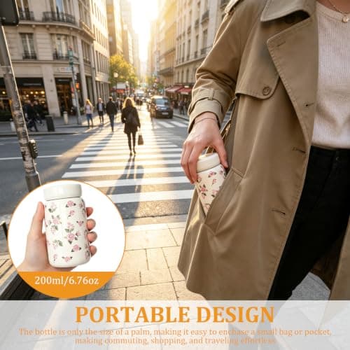 Small Water Bottle with Rose Print,200ml Mini Water Bottle,Double-Wall Vacuum Insulated Small Flask for Hot & Cold Drinks,Portable Leakproof Travel WaterBottles for Handbag,Yoga,Sport,Work(White) — view 4