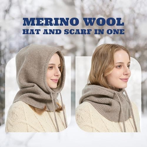 ACUSHLA Merino Wool Balaclava, Hooded Scarf Hat, Warm Winter Knit, Coffee — view 3