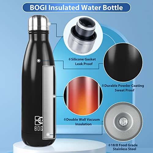 BOGI 2 Pack Insulated Water Bottle, 500ml Stainless Steel, Keeps Drink Hot & Cold, Leakproof, Sport Water Bottle for Girls Boys, Black+dblue — view 3