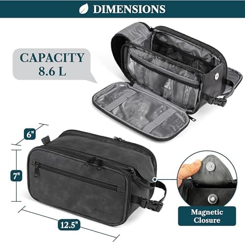PAVILIA Toiletry Bag for Men Women, Mens Travel Bag Toiletries Organizer Case for Grooming, Travel Essentials Shaving Dopp Kit, PU Leather Water Resistant Cosmetic Pouch, Black, Black, Extra Large — view 3