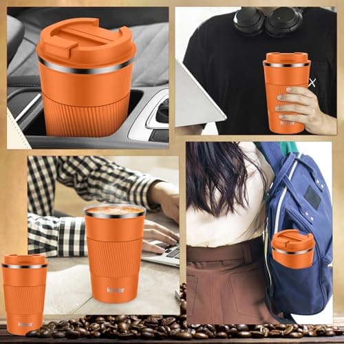 Travel Mug:KETIEE Insulated Coffee Cup with Leakproof Lid, Reusable Coffee Cups Travel, Double Walled Coffee Travel Mug, Stainless Steel Coffee Mug for Hot Cold Drinks, 380ml Orange Brown — view 6
