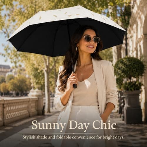 GEEKPC UV Protection Sun Umbrella Compact - UPF 50+ Blocks Over 99% UV Rays Windproof 8 Ribs Ultra Lightweight 280g Folds 28cm Handbag Size Travel Parasol For Women Gold Print Summer (White Leaf) — view 5