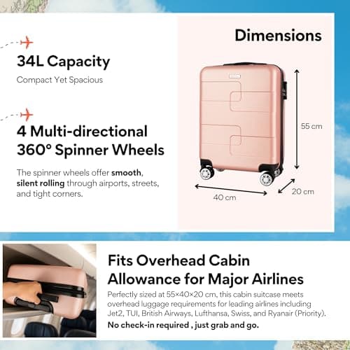 WORLD EXPLORER Rose Gold Cabin Suitcase 55x40x20cm, 34L ABS Shell, 4 Wheels — view 2