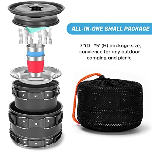 Odoland Camping Cookware Kit, Non-Stick Lightweight Pots Pan Set with Stainless Steel Cups Plates Forks Spoons for Camping, Outdoor Cooking and Picnic — view 2