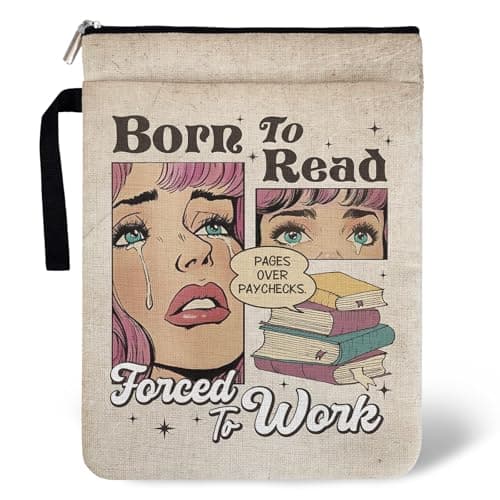 Funny Book Lover Gift Book Cover, "Born to Read Forced to Work" Book Sleeve Pouch, Polyester Book Bags for Women with Lanyard,