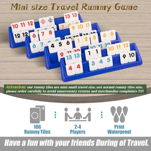 Doublefan Mini Rummy Set,Travel Size Rummy Game with Durable Travel Canvas Bag, Classical Rummy Cube Game for Adult and Kids,106 Tiles, 4 Playing Rack, 1 Dice (2-4 Players) — view 4