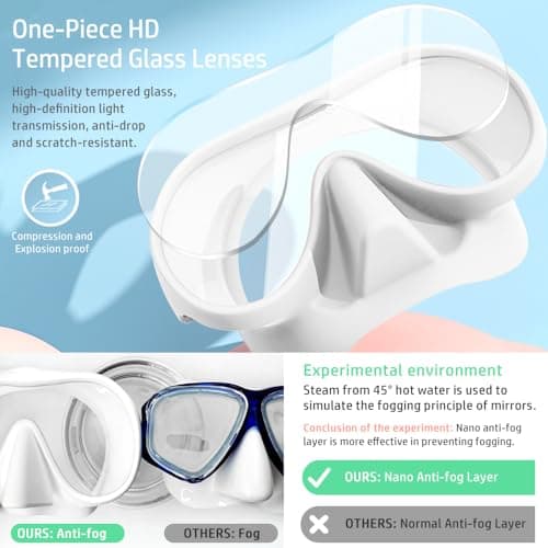 HINATAA Snorkel Set Adults, Fashionable Macaron Colors Frameless Snorkeling Mask, Ultra Wide View Anti-Fog Snorkel Mask Set, Portable Professional Diving Snorkeling Set (White) — view 3