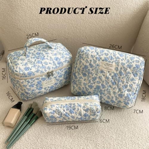 Aucuu 3PCS Coquette Makeup Bag, Quilted Makeup Bag for Women, Floral Cotton Cosmetic Bag Set, Large Capacity Aesthetic Floral Toiletry Bag, Travel Toiletry Bag, Wash Organizer Pouch for Women Girls — view 2