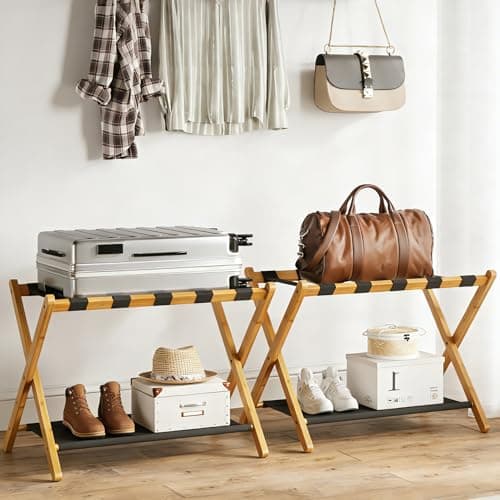 BAMBOOHOMIE Bamboo Luggage Rack for Guest Room, 26.77" Folding Wide Suitcase Stand with Fabric Storage Shelf, Luggage Stand Holder for Bedroom Hotel, Luggage Rack for Suitcasess (2 Pack - Natural)