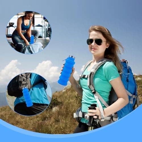 Collapsible Water Bottle, 500ml Silicone Water Bottle with Carabiner(Blue) — view 6