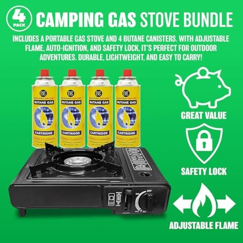 Portable Gas Cooker Camp Stove + 8 Butane Gas Canisters - For Outdoor Camping, Fishing, Cooking & BBQ | Premium Burner, Automatic Ignition & Heat Control, EN417 Compliant - Black Grill & Carry Case — view 4