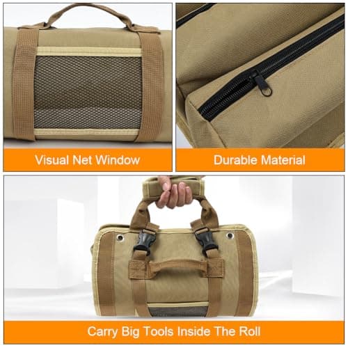 Adiwo Tool Bag, Foldable Roll Up Heavy Duty Bag Organizer, Tool Roll Pouch with 2 Detachable Tool Pouch, Multi Purpose Organizer for Mechanics, Great Gifts for Grandpa Dad Boyfriend, Khaki — view 4