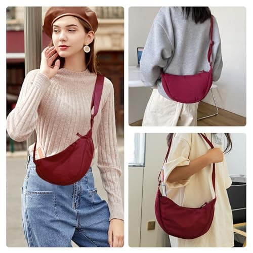 LOCCY Crescent Bag for Women Nylon Crescent Bag Dumpling Bags Nylon Crossbody Bags Women with Adjustable Strap Portable Crescent Purse for Daily Use (Burgundy) — view 2