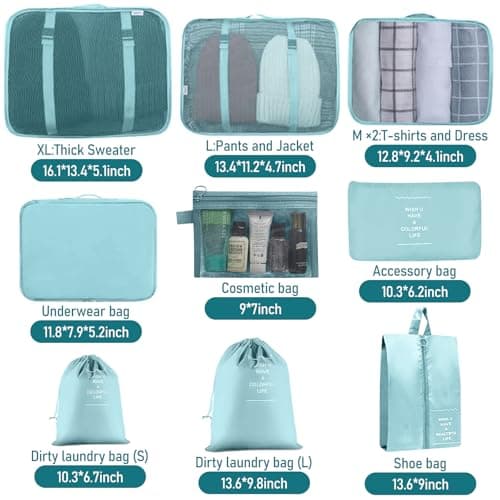 10 pcs Packing Cubes for Suitcases, Travel Organiser Packing Bags for Clothes Shoes Toiletries Travel Luggage Organizers Storage Bags-Sky Blue — view 2