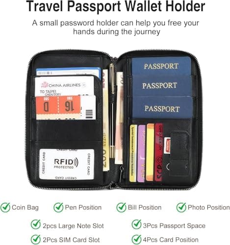 Apradas Travel Document Holder for 3 Passport, PU Leather Family Passport Wallets for Men Women, RFID Blocking Travel Wallet Family for Tickets Cards Phone Pen Gifts for Father's Day (Black) — view 3