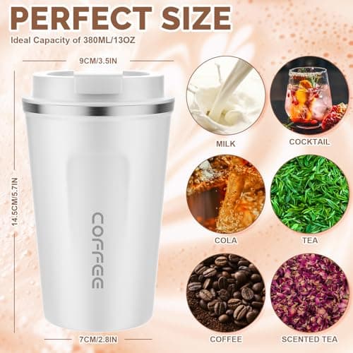 MOMSIV White Coffee Cup, Vacuum Reusable Leakproof Double Wall Coffee Cup, Insulation Stainless Steel Eco-Friendly Travel Office Mug for Hot Coffee Tea and Cold Drinks, 13oz/380ml — view 2