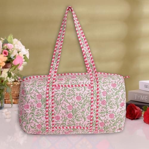 LKGSM Handmade Cotton Quilted Weekender Bag, Floral Indian Print Duffle, Bohemian Overnight Travel Tote for Women, Large Carry-on Luggage, Floral Gym Bag, D, 20x10x10 inches, New Design — view 6