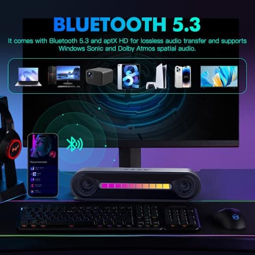 Aysoi PC Speakers, Portable Bluetooth Speakers,Wireless Computer Speakers, Computer Soundbar for Desktop Monitors,PC, Laptop, Desktop, Smartphones,Home, Travel,Outdoor, Beach (Dynamic RGB) — view 2