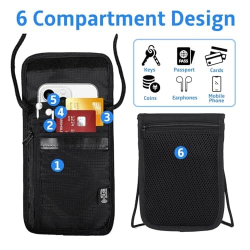 Quelcc Travel Neck Wallet with RFID Blocking, Black Travel Wallet with Adjustable Neck Strap, Travel Document Holder Organiser Bag for Women and Men — view 3