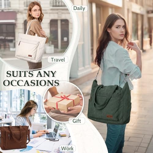 Kasgo Corduroy Tote Bag for Women, XXL 15.6" Laptop Work College Bag, Green — view 6